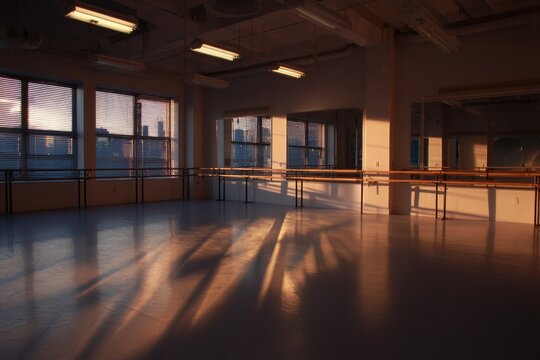 Dusk casts a warm glow in a ballet studio, revealing empty barres lined against mirrors. Shadows dance across the floor, inviting silent practice and reflection