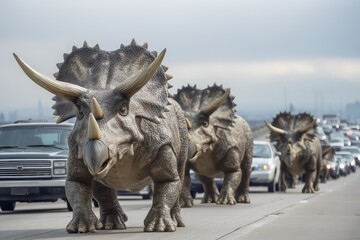 Fototapeta premium Triceratops crossing a busy highway among stopped cars in a modern urban setting during daytime