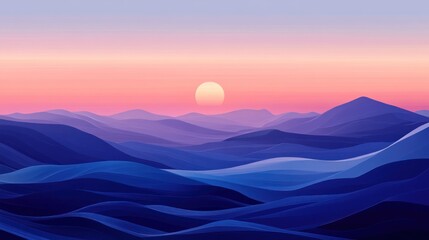 Tranquil Horizon: Digital Rendering of Layered Hills at Sunrise with Pastel Sky
