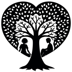 Two silhouettes sitting under a heart shaped tree with falling leaves