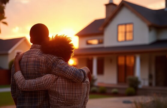 Warm sunset silhouette of young African American couple embracing in front of their new home, golden hour backlighting, real estate property ownership celebration, first-time buyers, emotional closing