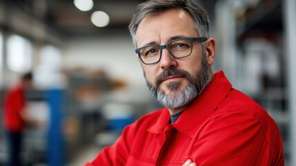 Obraz premium Confident Male Worker in Red Jacket with Glasses in Industrial Setting