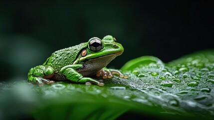 Close-up of a green frog sitting on a leaf. the frog is facing the camera and its body is covered in small droplets of water.
