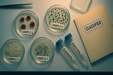 Classified biological samples in petri dishes and vials under laboratory lighting for secure pathogen analysis