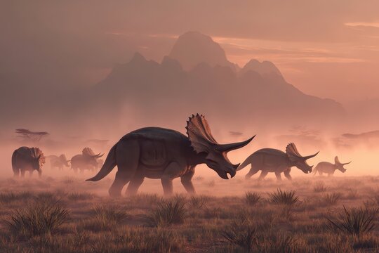 Herd of triceratops grazing peacefully on a dry savannah at dawn under a misty sky with distant mountains