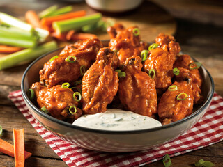 Freshly cooked buffalo chicken wings topped with scallions, served with ranch dip, carrot and celery sticks on a rustic wooden table with a red checkered napkin