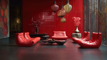 Vibrant red-lacquered oak lounge chair with modular seating in a stylish entertainment room