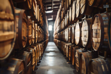 Generative AI image of person exploring traditional winery wooden barrels for wine beer alcohol production