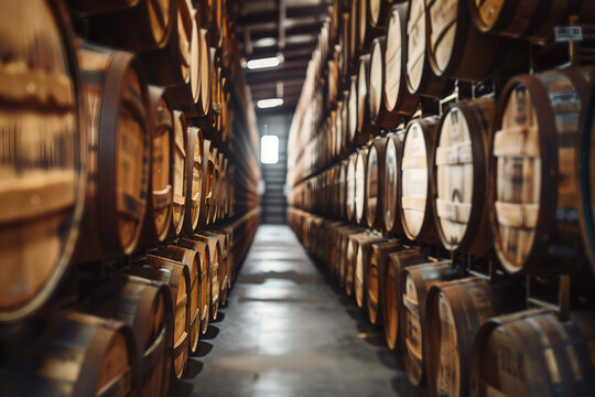 Generative AI image of person exploring traditional winery wooden barrels for wine beer alcohol production - Powered by Adobe