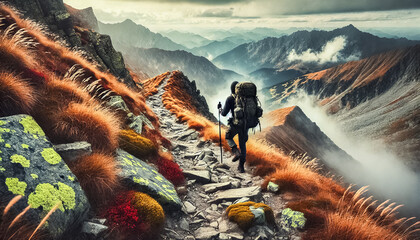 Adventurer Ascending through Misty Mountain Trails