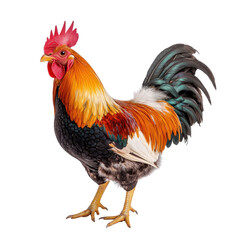 Fototapeta premium Colorful Rooster with Vibrant Feathers Standing Proudly, Symbolizing Agriculture and Farm Life in Natural Setting transparent background
