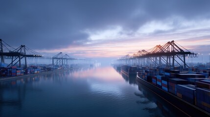 Obraz premium Scenic View of Shipping Port with Cranes and Containers at Sunrise