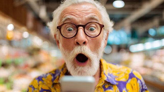 Unexpected Joyful Shock: A senior, with a surprised expression, staring at his phone in a bright supermarket, exuding astonishment.