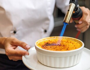 Chef Caramelizing Creme Brulee With Blue Flame