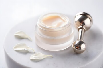 Luxury facial cream in a glass jar with a golden roller and delicate white petals