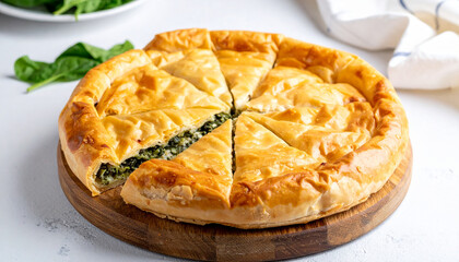 Greek spinach and feta cheese pie. Tasty spanakopita on wooden board. Delicious homemade food.
