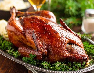 Roasted Duck On Silver Tray With Herbs And Lemon