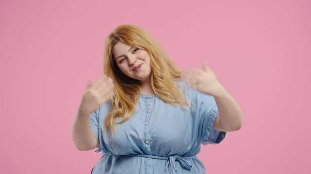 Plus size woman beckoning gesture inviting someone with direct body language