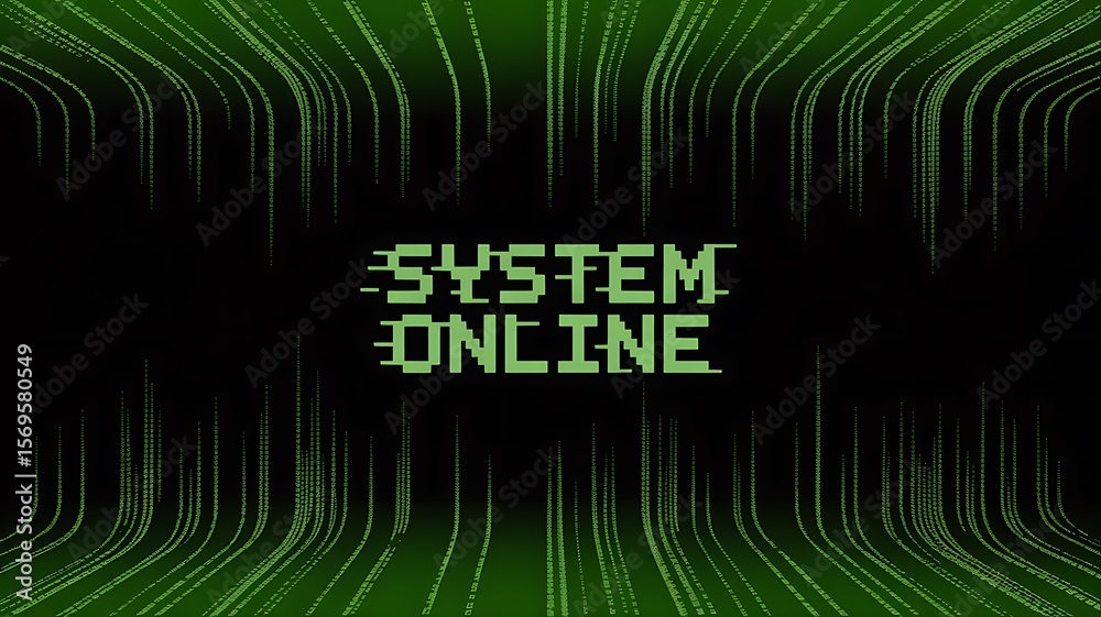 Fototapete green digital text s y s t e m o n l i n e with flowing lines on black background illustration