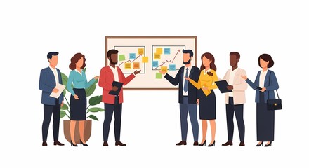 Business Workshop Concept. Vector illustration of a close-up group of diverse people standing near a board with sticky notes and discussing an idea. Isolated on background