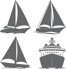 Gray Silhouette Sailing Boats and a Cruise Ship on Water Simple Vector Illustration Set