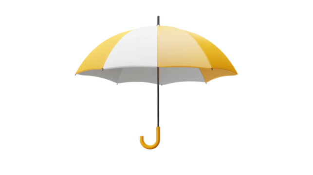 White and yellow umbrella 3D render icon modern minimal sunshade symbol in plastic style summer weather object graphic design element isolated on white background