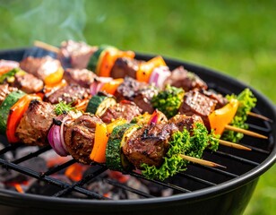 Grilled Meat and Vegetable Skewers on Barbecue Grill