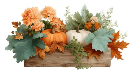 Autumn Harvest Floral Arrangement with Pumpkins and Leaves on the brown wooden signboard with copy space. ideal for seasonal decor. Illustration isolated on white background