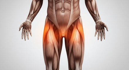 Human Muscular System: Groin Pain. Anatomical illustration highlighting inner thigh discomfort.