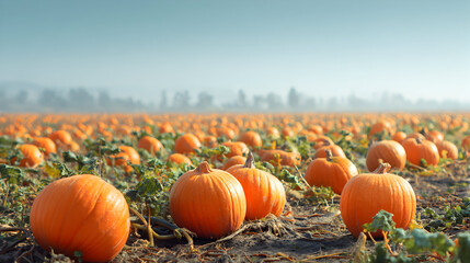 Realistic scene of pumpkin harvest in autumn field, vibrant orange fruits and clear sky