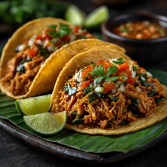 Delicious tacos filled with shredded chicken served with fresh salsa and lime wedges