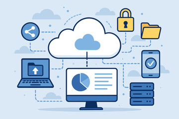 Cloud technology concept illustration. Secure online data storage, file sharing, and backup platform for business networks. Cloud computing service with cybersecurity protection.