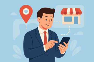 Businessman using smartphone for local business search. Man finding store location with mobile app. Geolocation marketing, GPS navigation. E-commerce concept. Flat illustration.