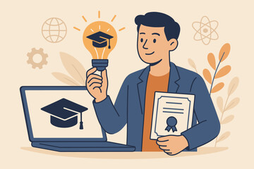 E-learning and online education concept. Student holding certificate and lightbulb with graduation cap. Distance learning, internet course, university degree, webinar, knowledge.