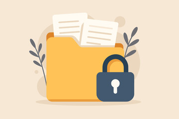 Document secure confidential access concept. Secure confidential files folder with documents and private lock. Data protection, privacy and cybersecurity cartoon illustration.
