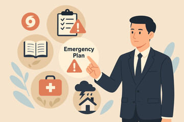 Emergency preparedness plan concept. Businessman managing risk and safety procedures for disaster response. Business continuity, warning alert and first aid checklist vector.