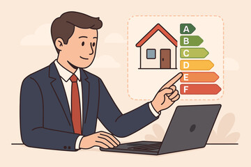 Energy efficiency rating concept. Businessman with laptop analyzing house performance certificate. Home audit with energy consumption chart for sustainable, eco friendly building.