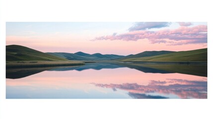 Serene pastoral panorama showcasing a tranquil lake reflecting the sky and hills