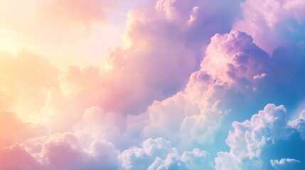 Sublime celestial vista presenting pastel shaded cumulus clouds in dreamy atmosphere