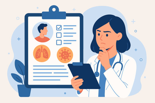 Doctor analyzing patient medical report, lungs, virus diagnosis, healthcare professional reviewing clinical data, treatment planning, medical checkup, flat vector illustration