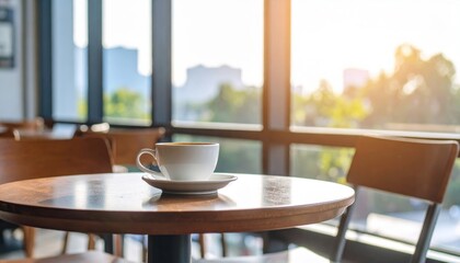 Coffee Cup On Wooden Table In Cafe With City View