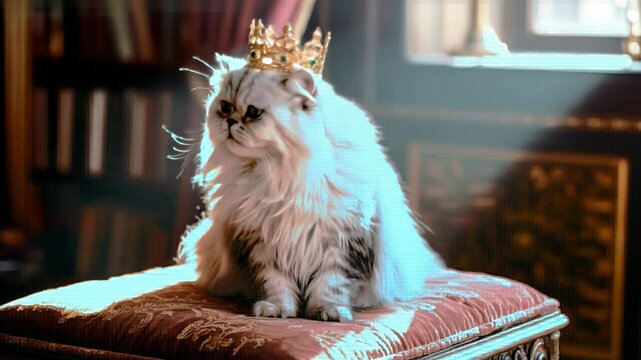 Royal Persian cat with golden crown sitting on bed