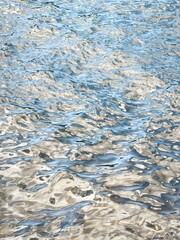 Aerial view of water surface with natural patterns and reflections. Clear blue water, ripples, waves, and textures creating a serene and dynamic composition