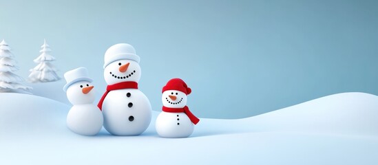 Whimsical winter wonderland with cheerful snowmen family, snow drifts, and frosty trees