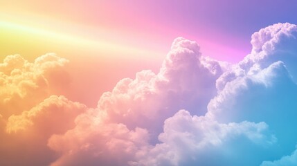 Dreamy pastel skies with fluffy clouds and a luminous rainbow horizon glow