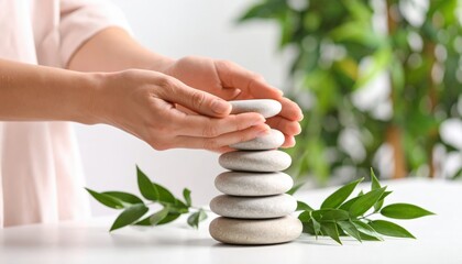 Hands Stacking Stones On White Table With Green Leaves