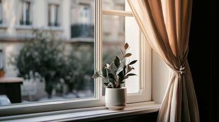 Window with a beige curtain on the right side. on the window sill, there is a small potted plant with green leaves.