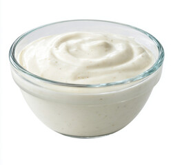 A glass bowl of creamy, white cream sauce with visible elements like black pepper or onion. The sauce is smooth and glossy against the transparent background, White background.