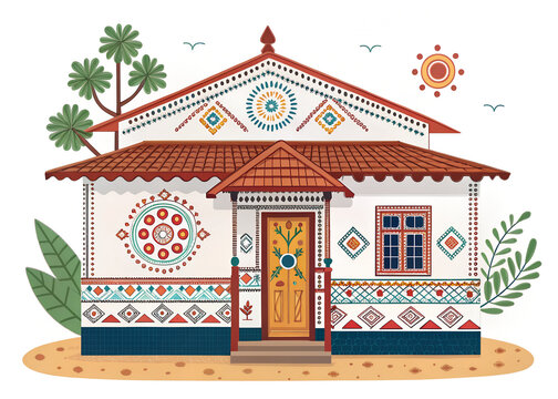 Tribal Odisha house with painted motifs in flat design generative ai