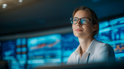 Woman with glasses looking thoughtfully at digital screens displaying graphs and data. Contemporary office setting accentuating technology and analytics